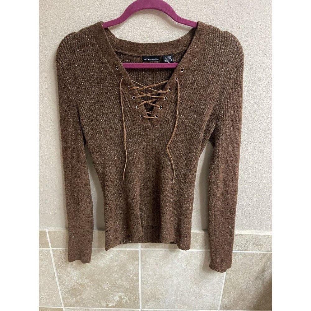 Vintage Express Brown Lace Up Sweater Ribbed Medium